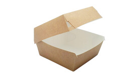 Burgerbox to go, 150 x 160 x 75 mm, Karton/PE, natur, mit anhängendem Deckel, A-Nr.: 95121 - 01