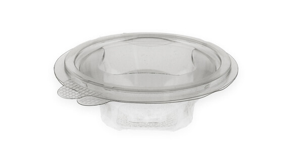 Klappbox, 150 ml, Ø 120 mm, 55 mm, RPET, transparent, mit anhängendem Deckel, Verive, A-Nr.: 80430 - 01