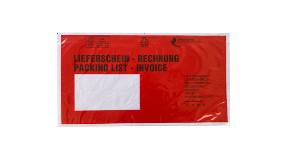 Dokumentenschutztasche DIN Lang, LDPE, Motiv: &quot;Lieferschein, Rechnungen, Packing List, Invoice&quot;, B 240 mm x L 131 mm, Innenmaß: B 230 mm x L 121 mm, transparent, Querformat; mit Adhäsionsverschluss, Lasche separat, A-Nr.: 16759 - 01