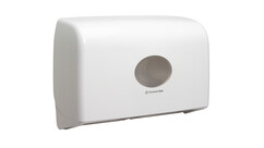 Toilettenpapierspender Kimberly-Clark Aquarius™ Twin Mini Jumbo 6947, L 29,2 cm x B 45,9 cm x H 12,3 cm, weiß, manuelle Entnahme, Verschlussart: Schlüssel und Druckknopf, A-Nr.: 18283 - 01