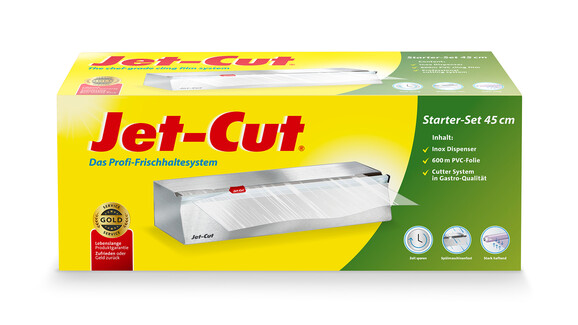 Folienspender Inox Starter-Set für Jet-Cut Refill 450 mm, inkl. 1 Rolle Frischhaltefolie Jet-Cut Refill PVC 450 mm x 600 lfm, A-Nr.: 18902 - 01